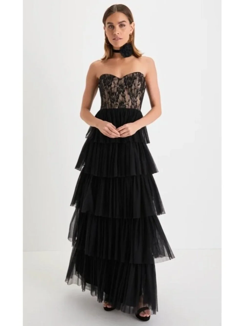 Women's - Lulus Sensational Darling Black Lace Tulle Tiered Strapless Maxi Dress